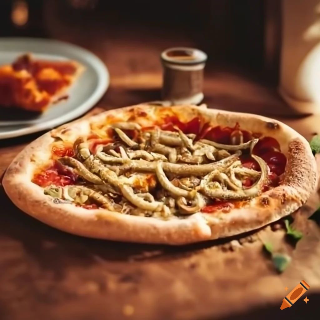 Cheese and mealworm pizza on a dining table on Craiyon