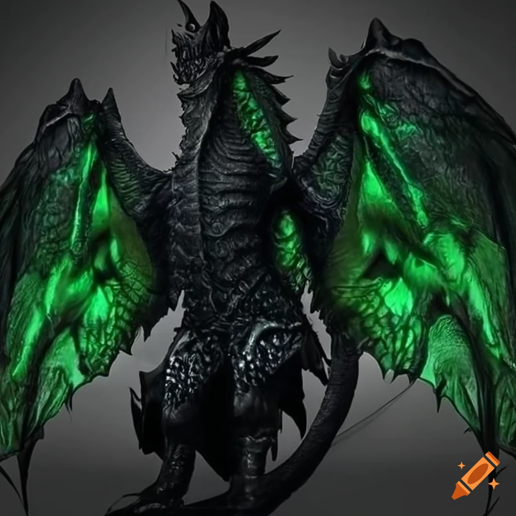 Large black dragon wings with dark green and horned tips