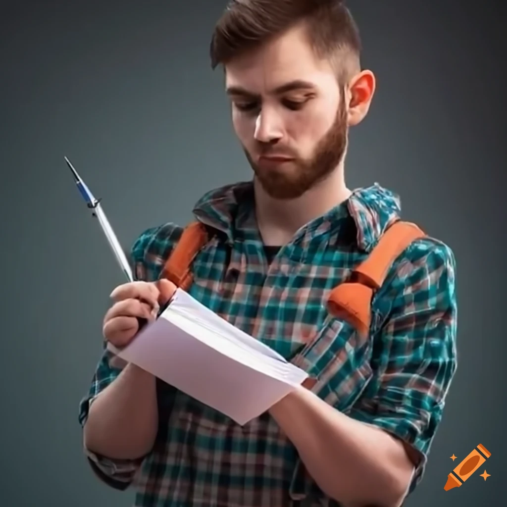Young man in farmer clothes filling out official documents with a pen
