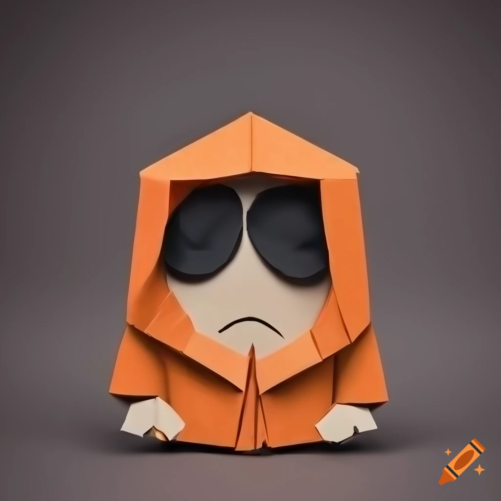 Creative origami art of Kenny McCormick from South Park on a colorful wood background