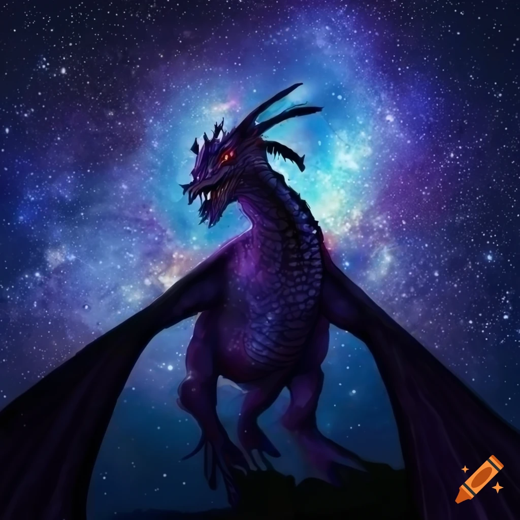 Dragon contemplating under a star-streaked sky in a semi-realistic ...