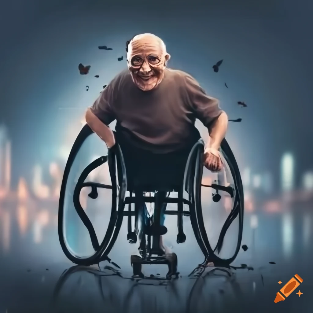 Cheerful elderly man in a wheelchair racing through a bustling cityscape in the rain