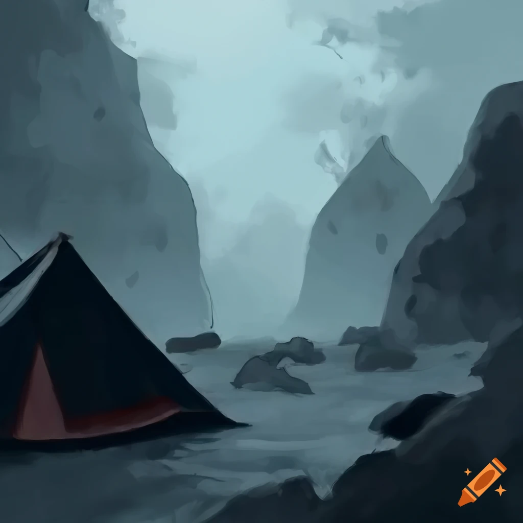 Tents in rocky terrain under rainy gray sky