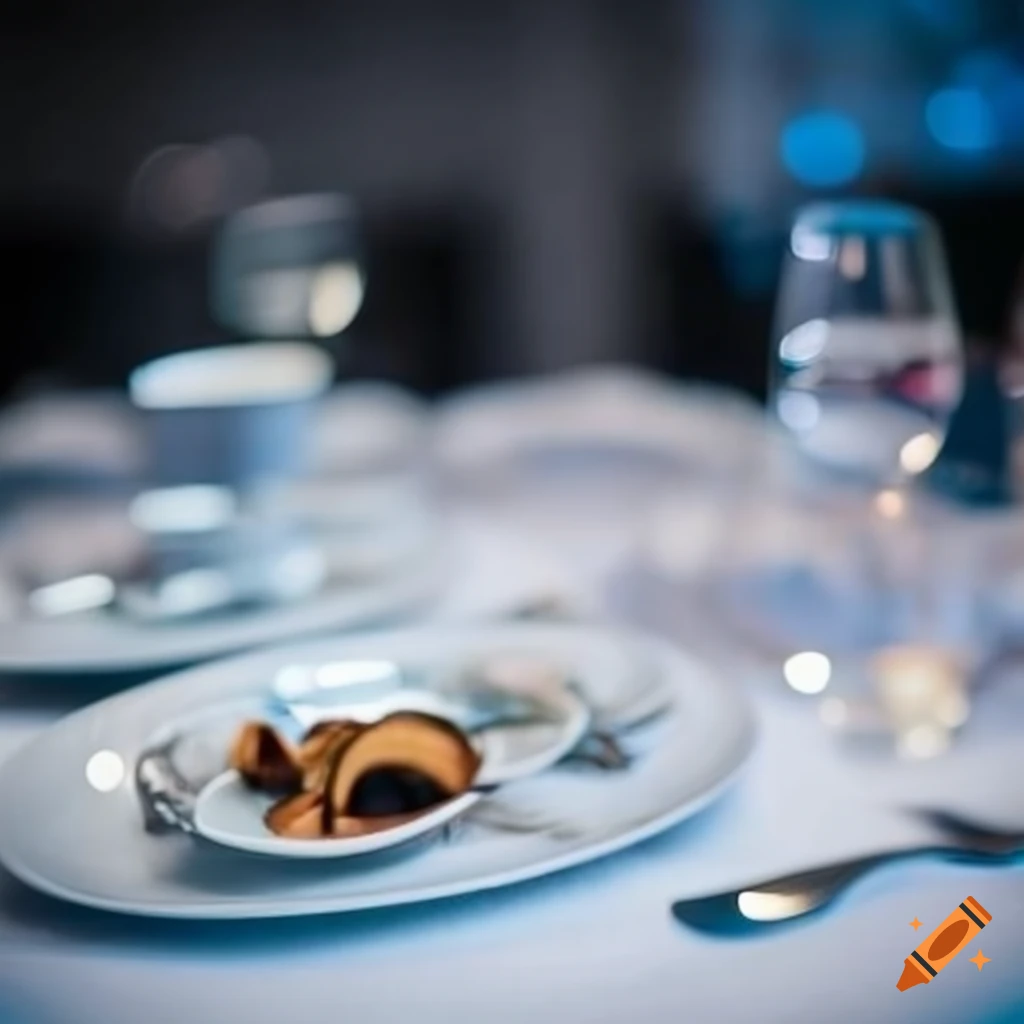 Elegant dinner table set in white, blue, and light grey colors