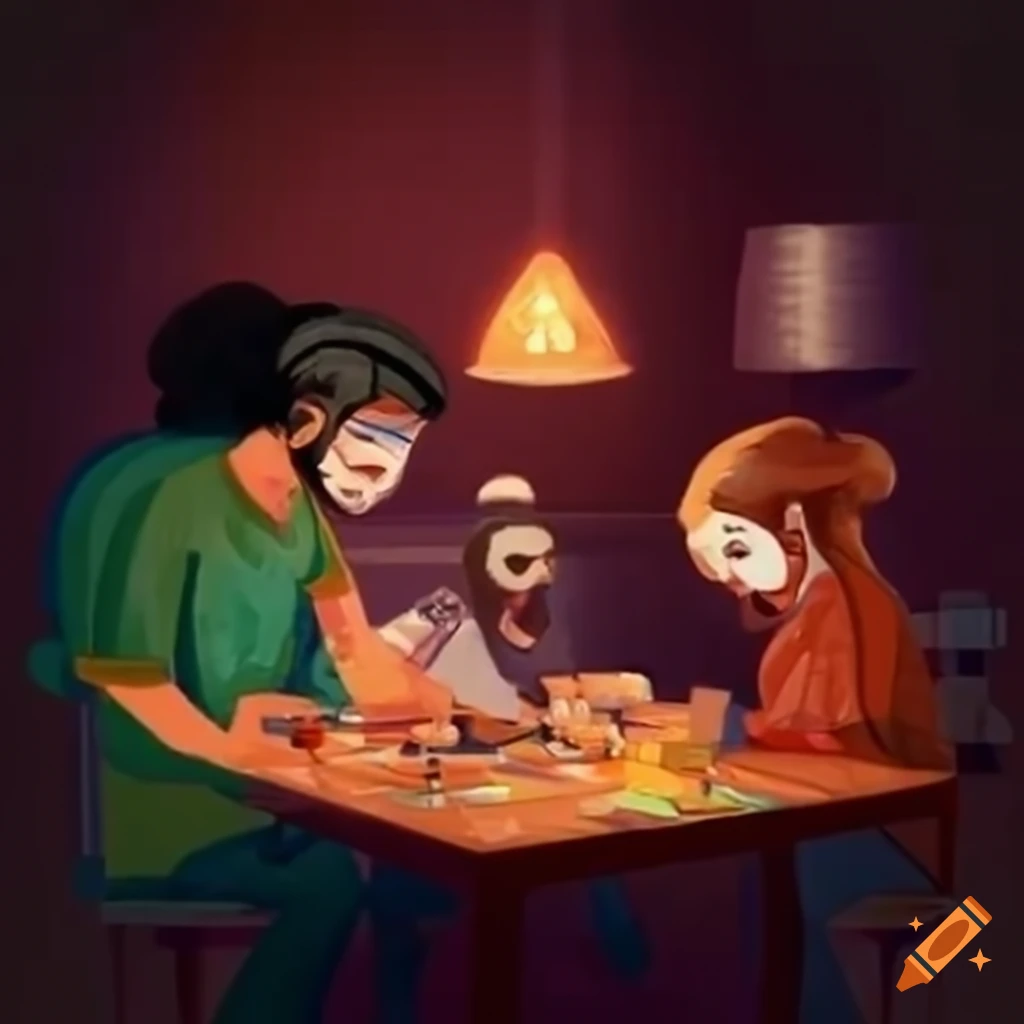 Friends wearing masks playing a hidden role game around a table