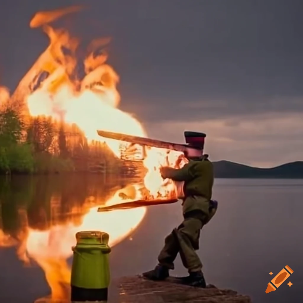 Two men firing spud gun into the loch with flames at dusk
