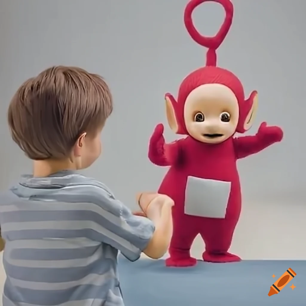 Female Teletubby playfully offers to carry a boy