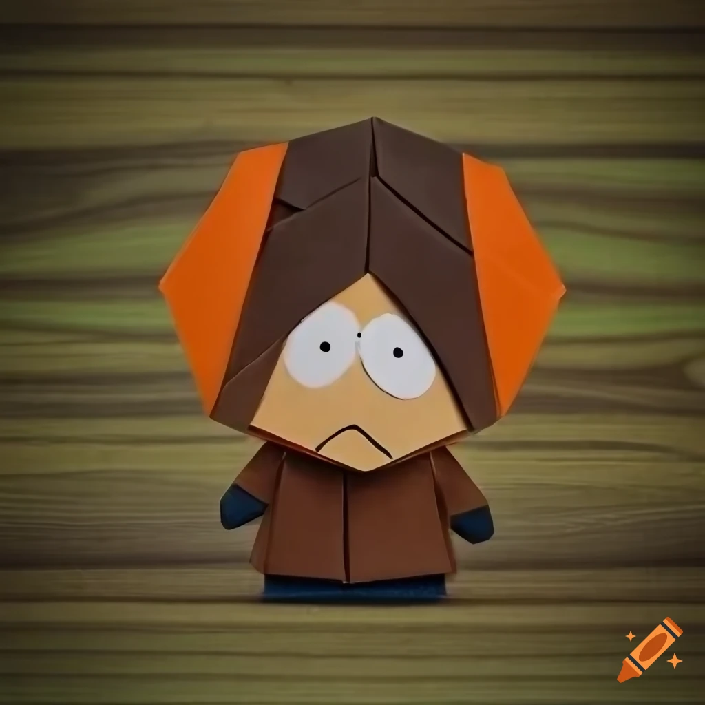 Origami high poly Kenny McCormick from South Park on a colorful wood background