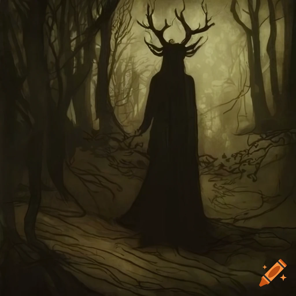 Woman wearing deer horns in a dark forest with fog, inspired by Arthur Rackham's painting