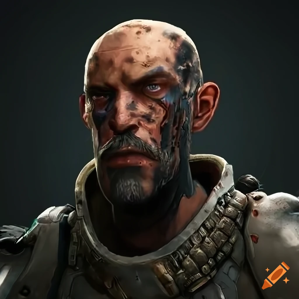 Cybernetic male soldier with battle scars and bionic implants