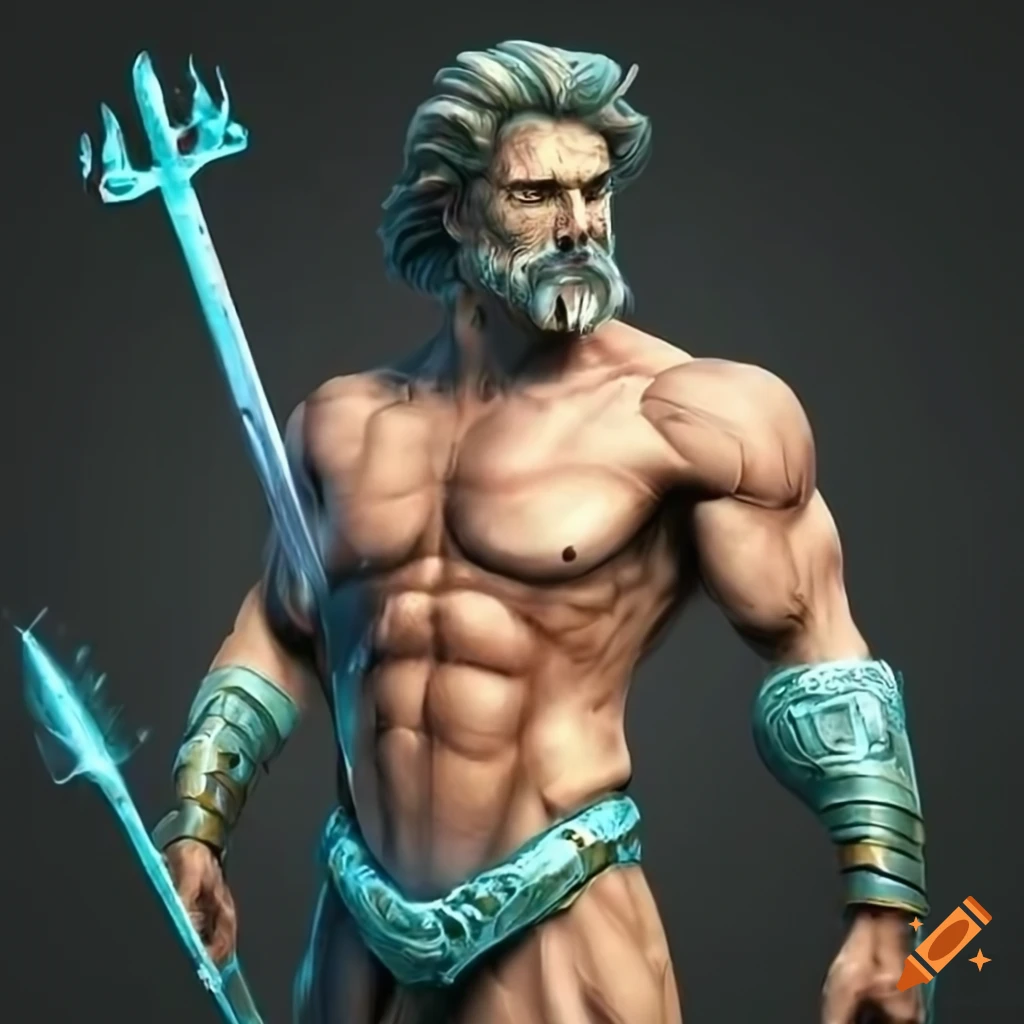Muscular Poseidon in the rain, detailed realistic style