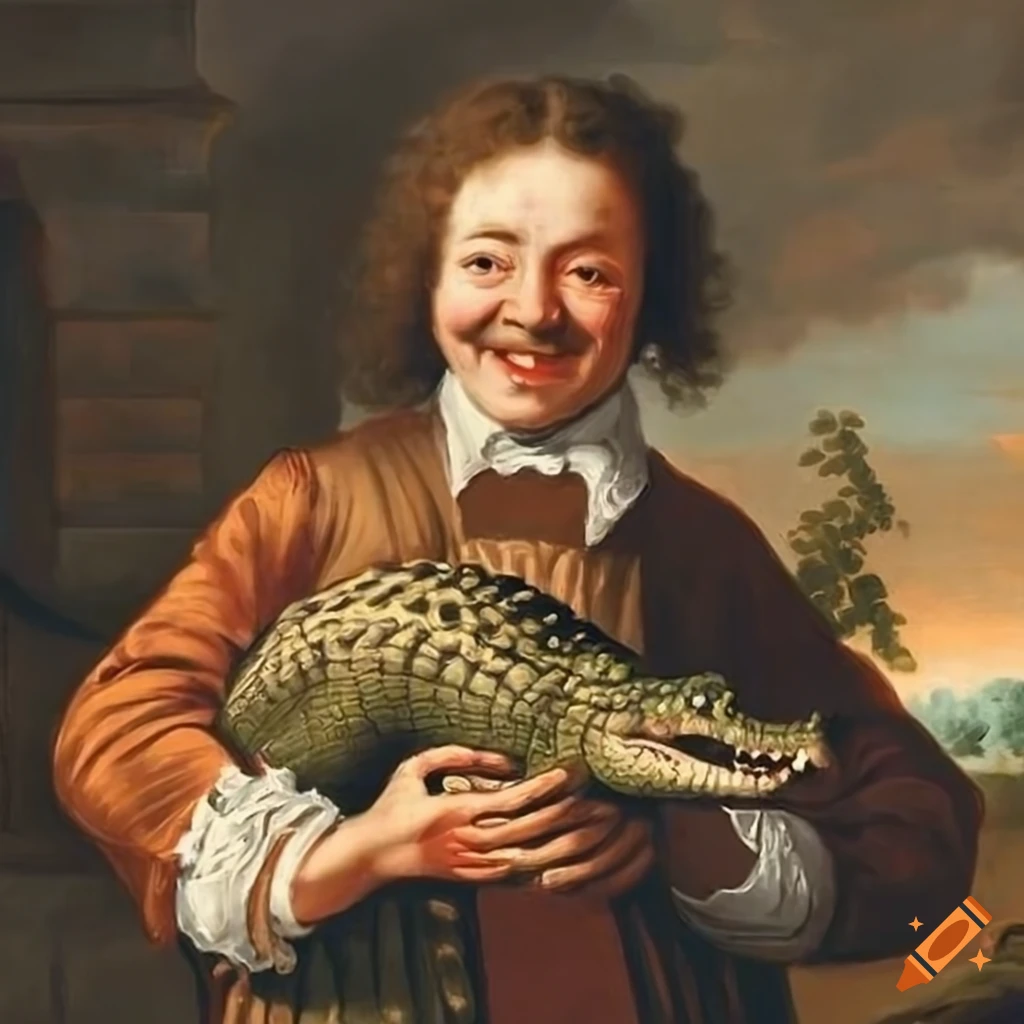 Baroque painting of a man with his pet alligator in front of a manor, with his wife by his side