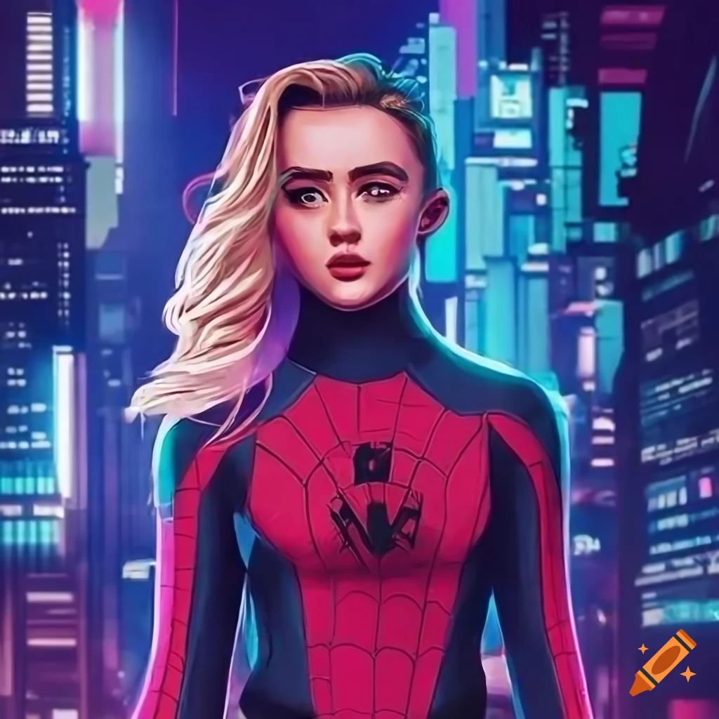 Kathryn Newton as female Spider-Man in cyberpunk city with sleek suit ...