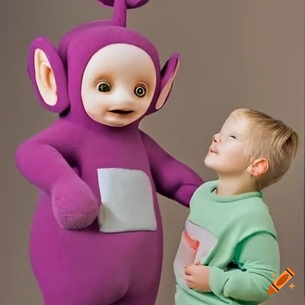 Large female teletubby playfully offering to carry a boy