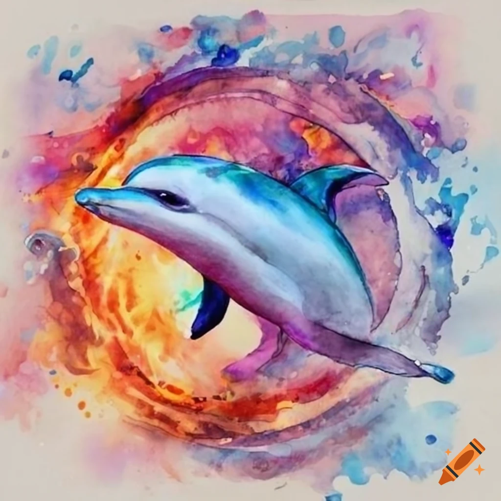 Dolphin forming a circle with fire and ice swirls in a vibrant watercolor painting
