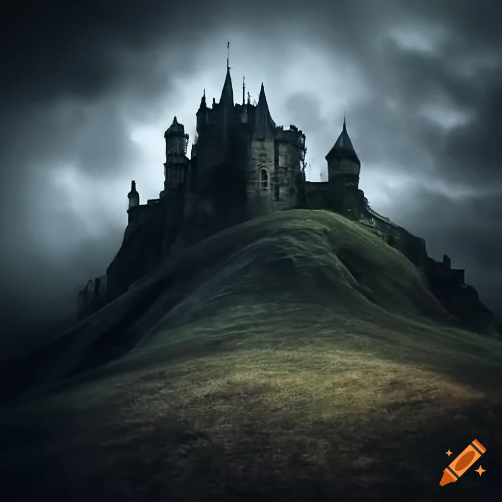 Mysterious Gothic castle on a hill with bats