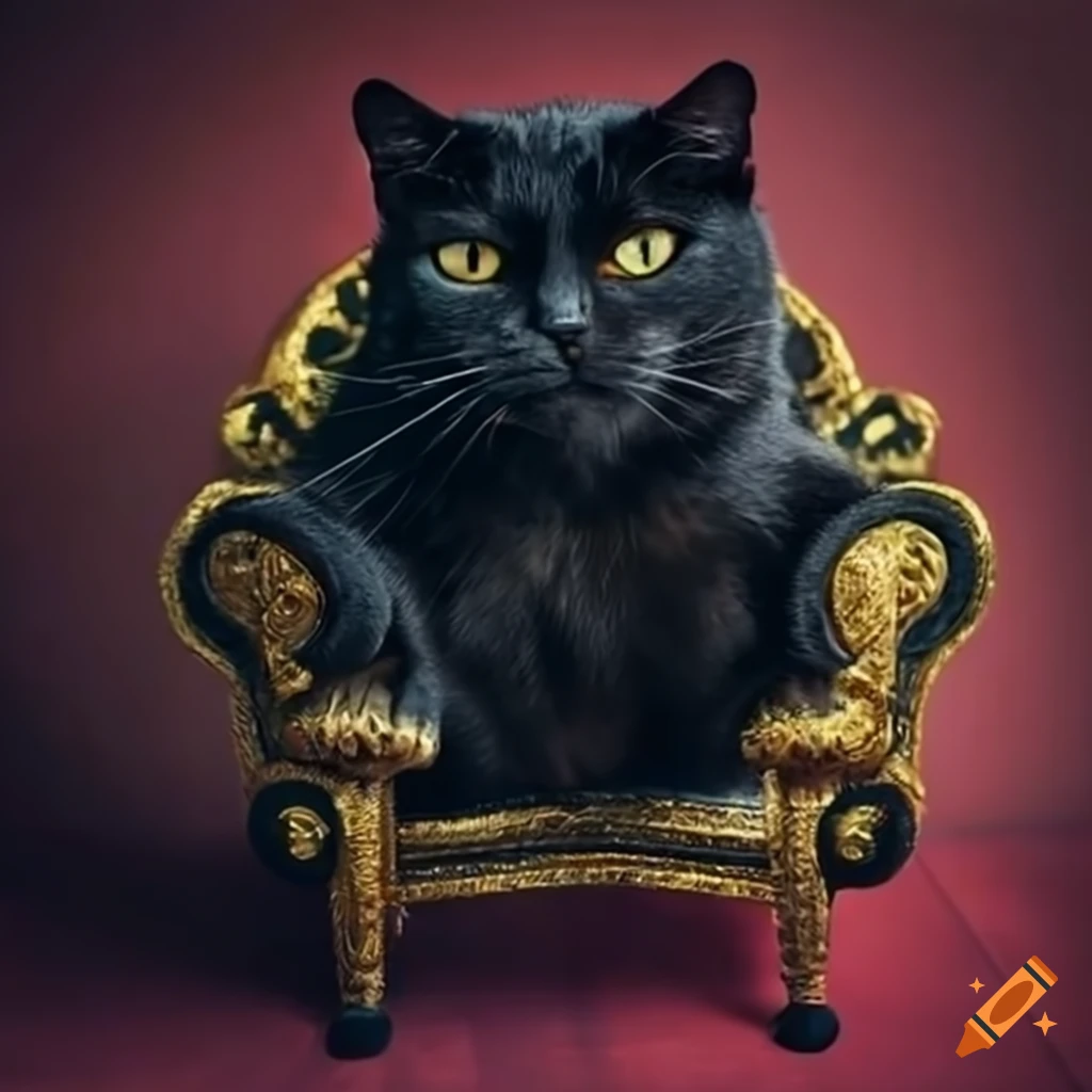 Angry black cat sitting on a king chair on Craiyon