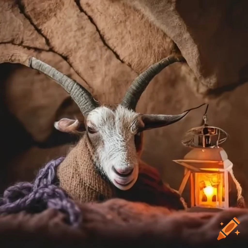 Goat knitting a scarf in a cave next to a warm lantern