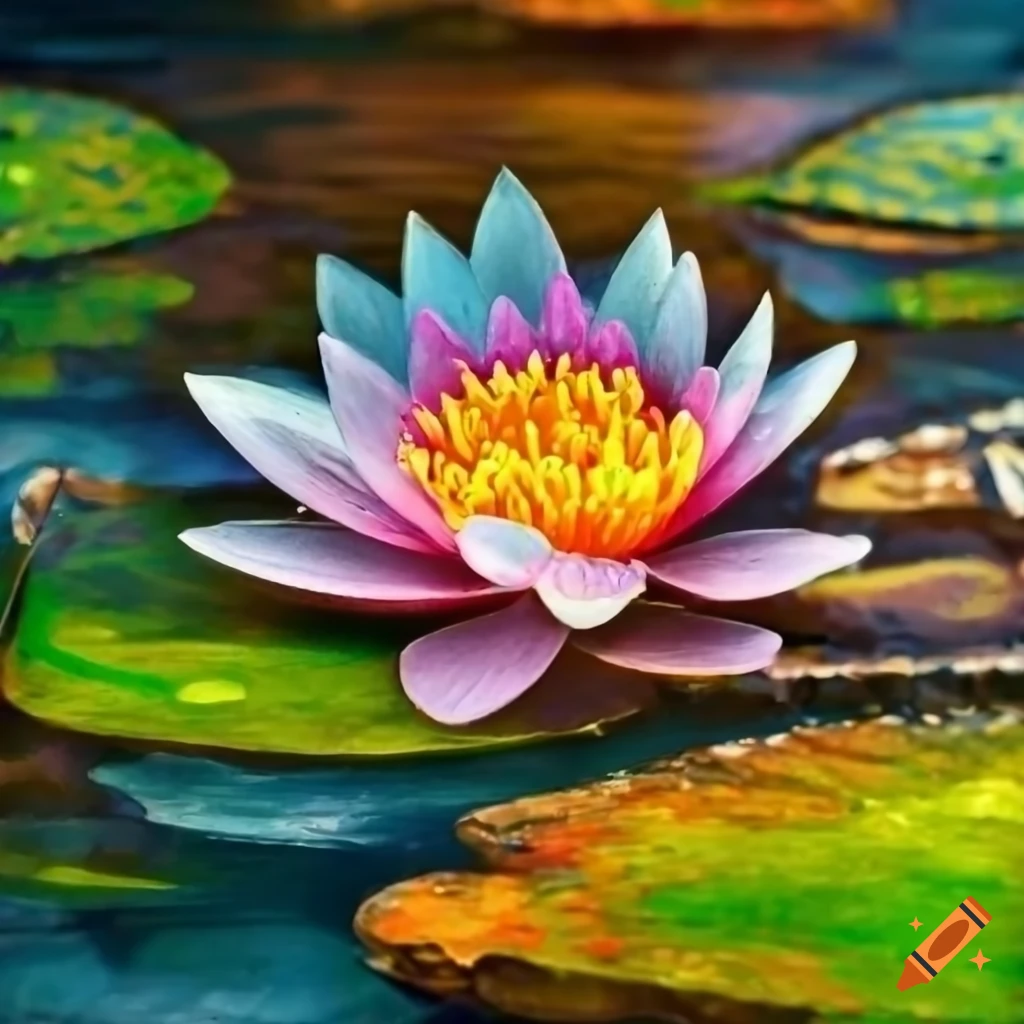 Small lily pond with rockery in pointillist style