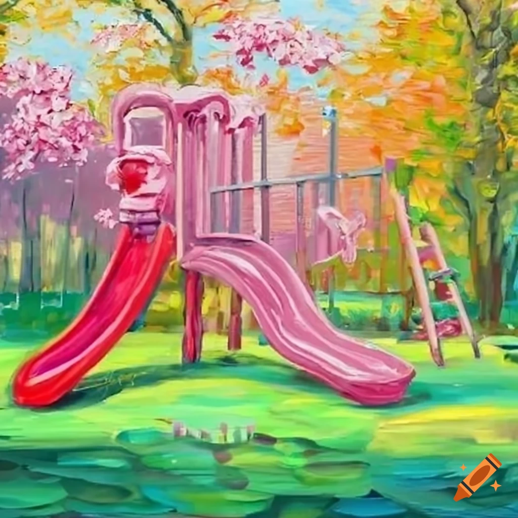 Modern playground with sakura trees, slides, swings, and sandbox in pastel colors
