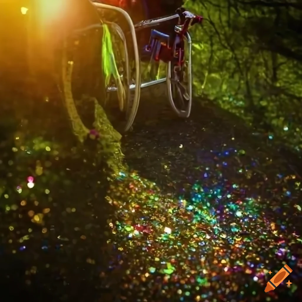 Person in a wheelchair with colorful glitter in a sunny glade