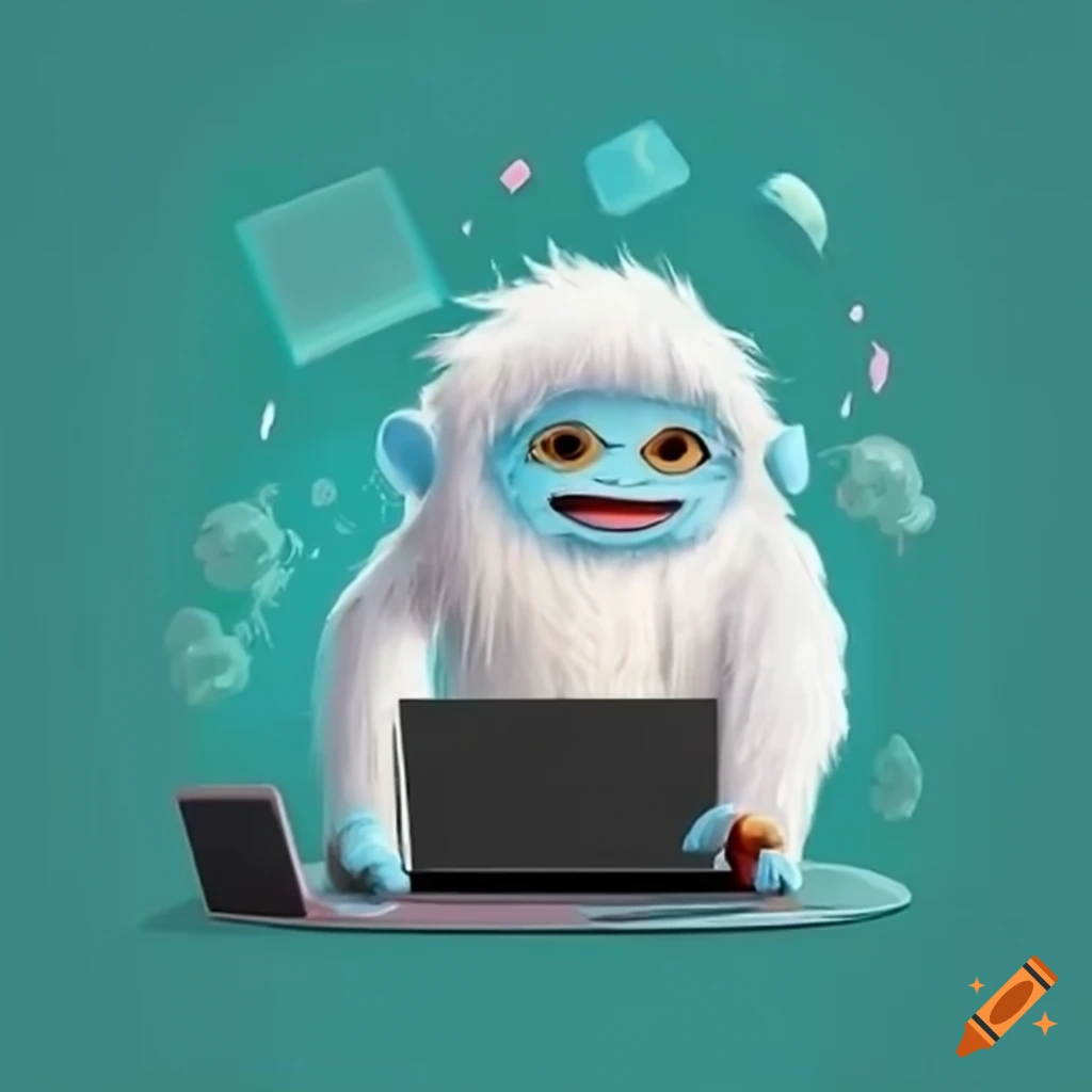 Cute yeti woman tending to laptops and tech equipment