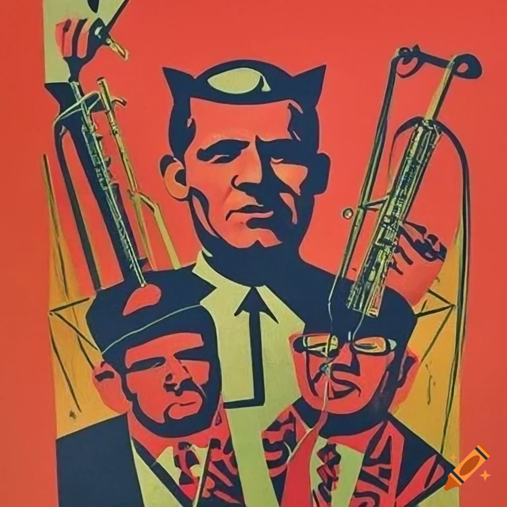 Ska cats playing brass instruments in a Soviet propaganda poster art style