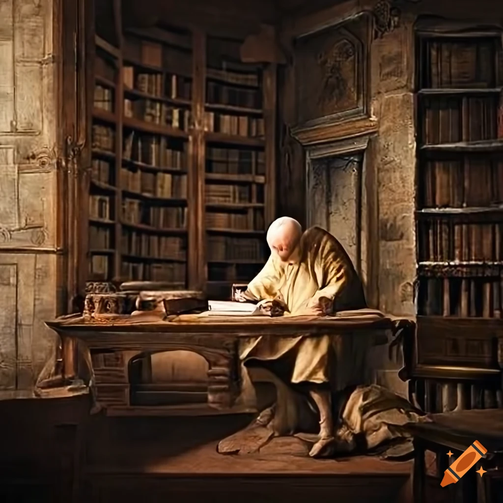 Dark and dusty medieval monastery library with an old hermit monk