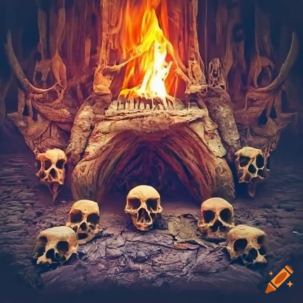 Ancient macabre altar of animal bones and skulls surrounded by fire in ...