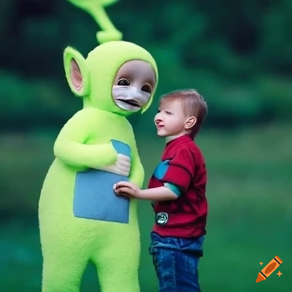 Female teletubby playfully offering to carry a boy