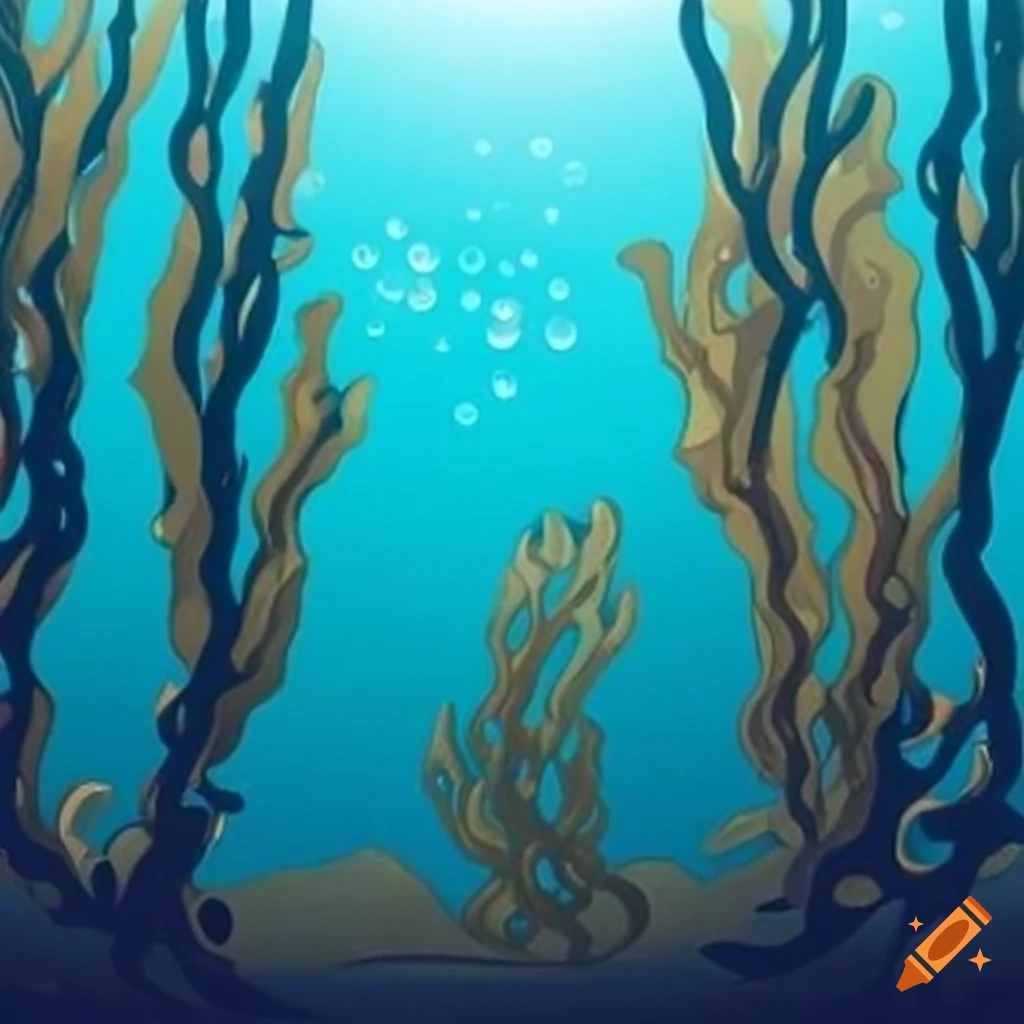 Subsea scene with tall seaweed, bubbles, and large fish