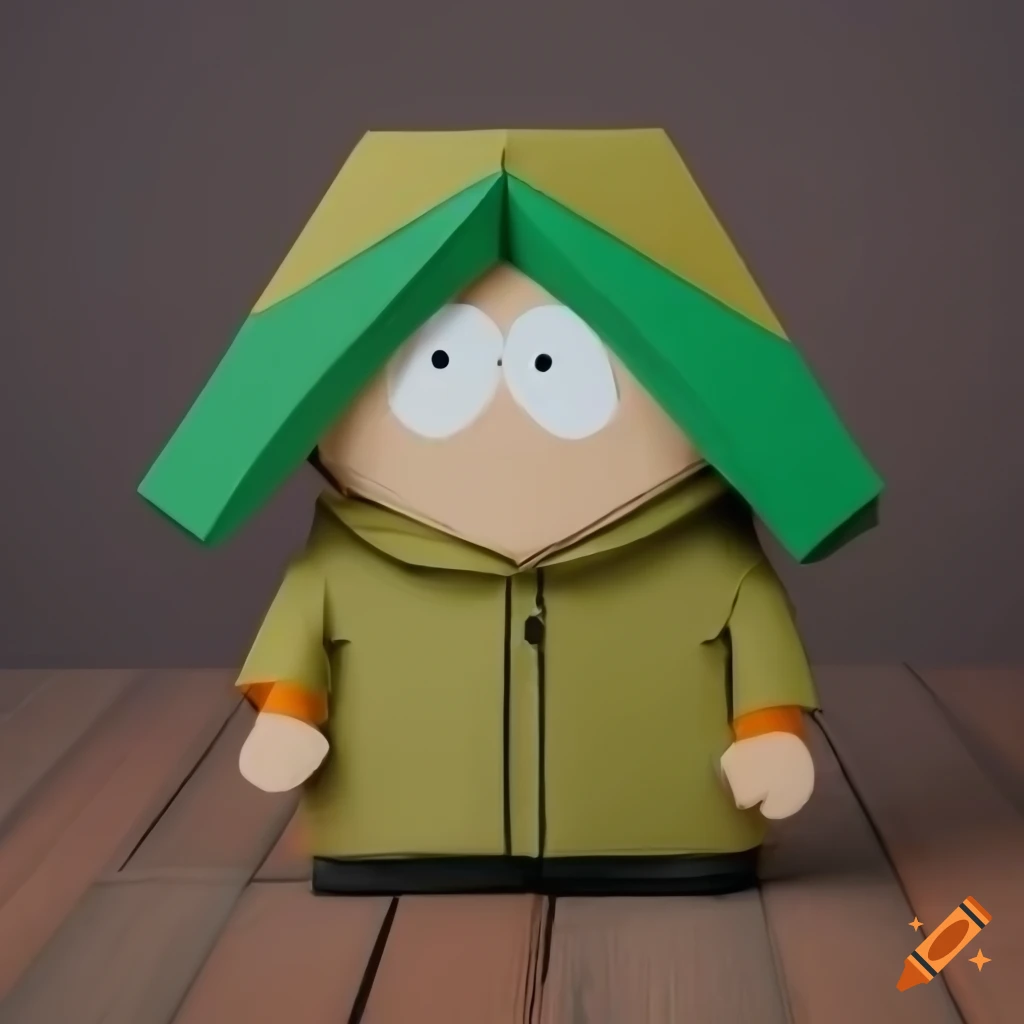Origami high poly Kenny McCormick from South Park on a colorful wood background
