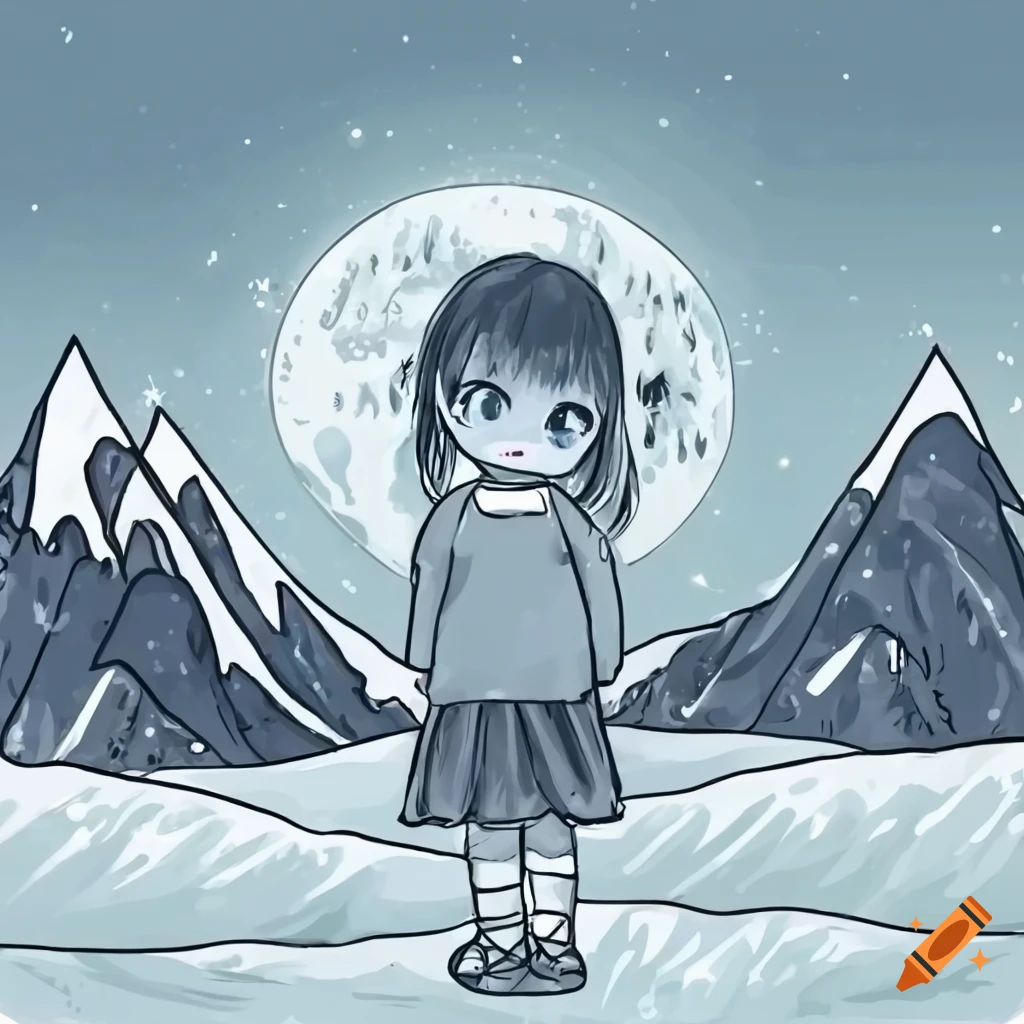 Adorable toddler in anime style nighttime mountain landscape with snowy peaks and moonlight