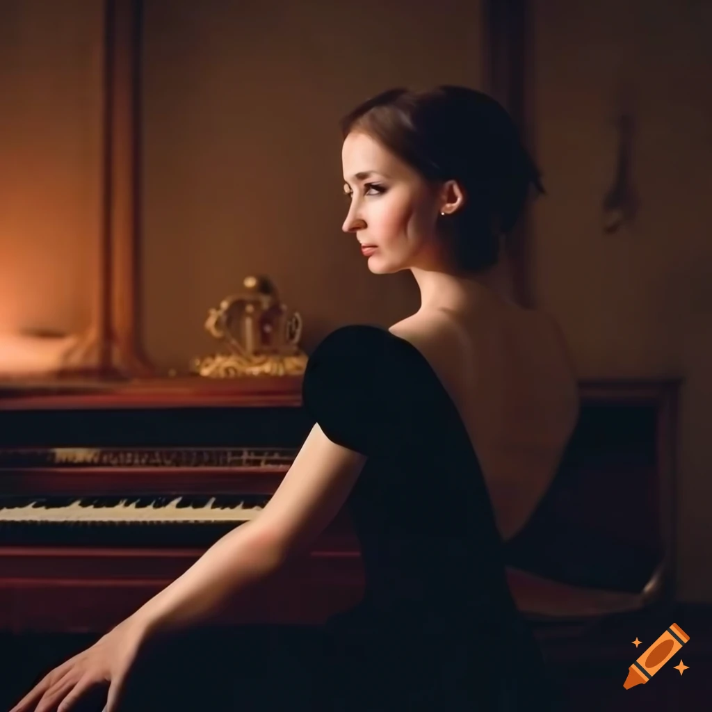Elegant young woman in black dress at an antique piano in a dimly lit room