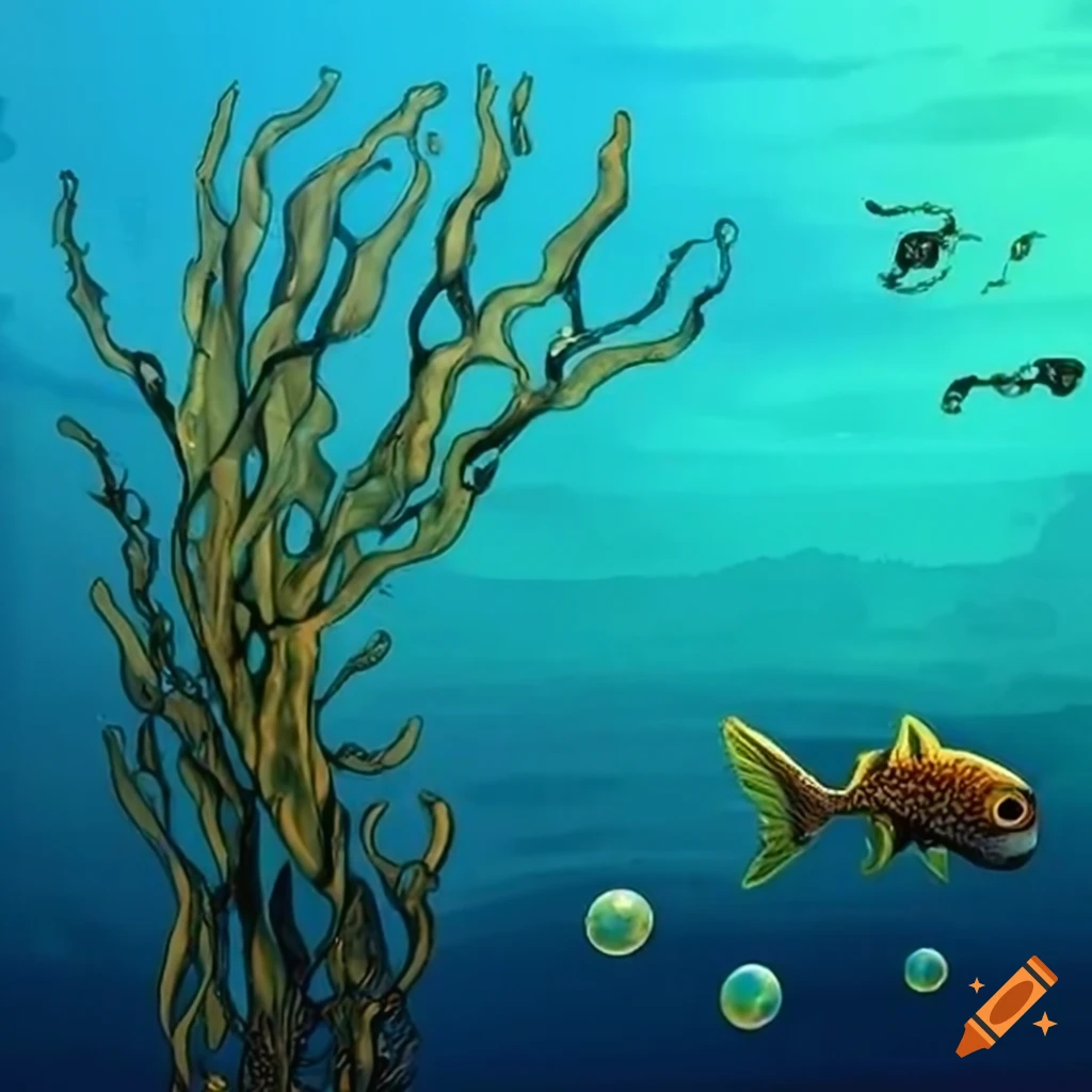 Subsea scene with tall seaweed, bubbles, and large fish