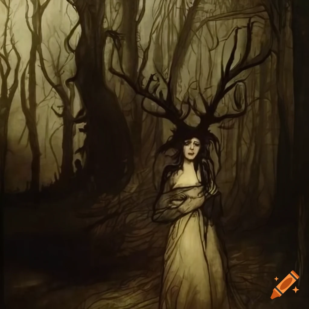 Woman wearing deer horns in a dark forest with fog, inspired by Arthur Rackham's painting