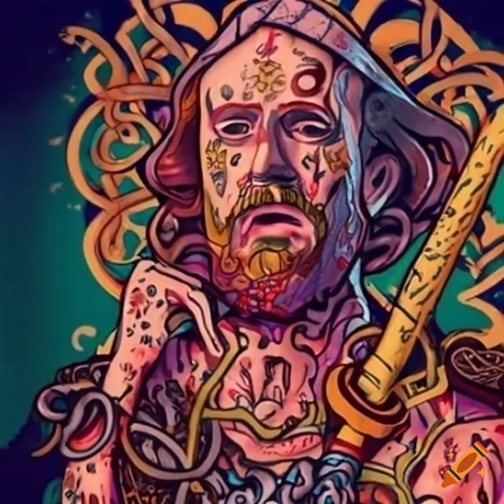 Intricate sleeve tattoo featuring Brian Boru and Celtic designs