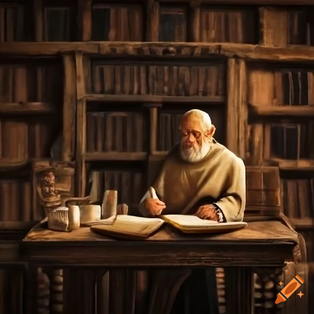 Dark and dusty medieval monastery library with an old hermit monk