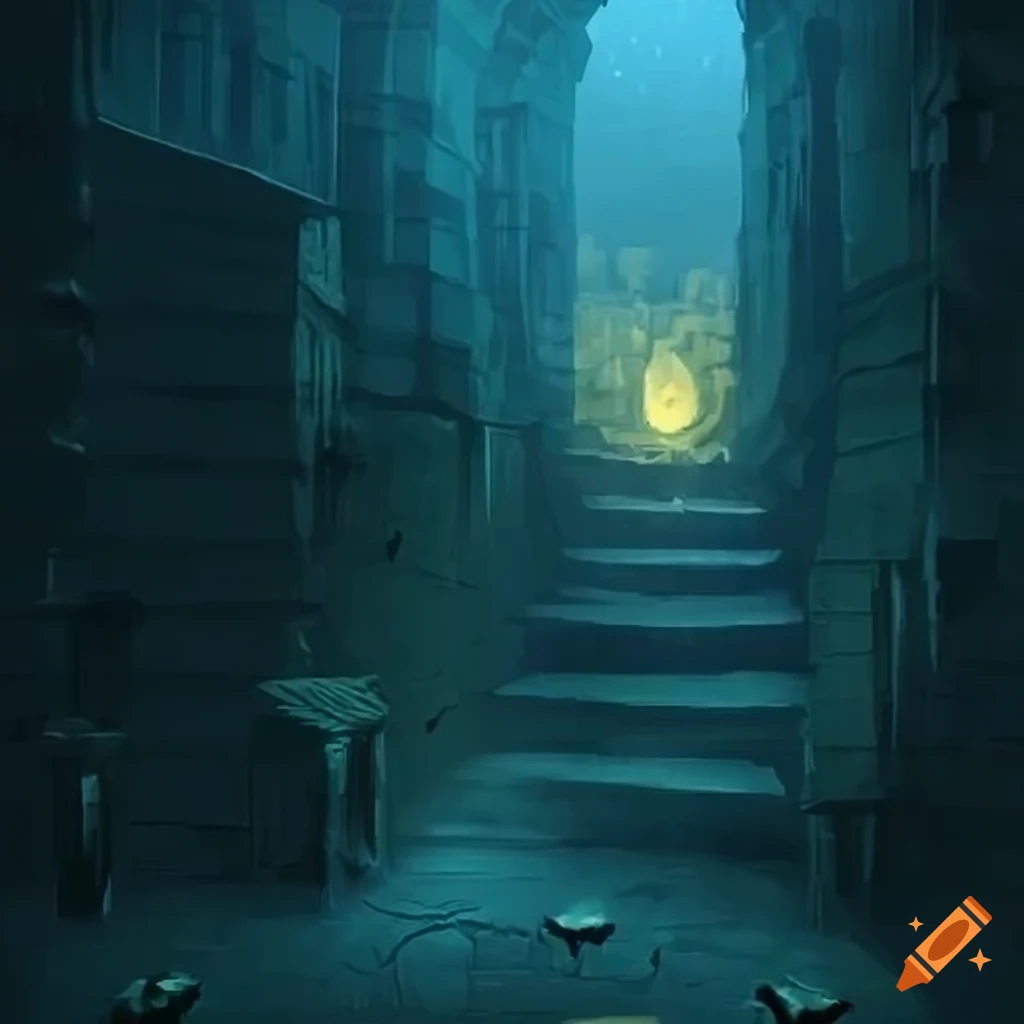 Gloomy dream-like fantasy dungeon with floating objects and melting walls, bathed in blue and yellow light