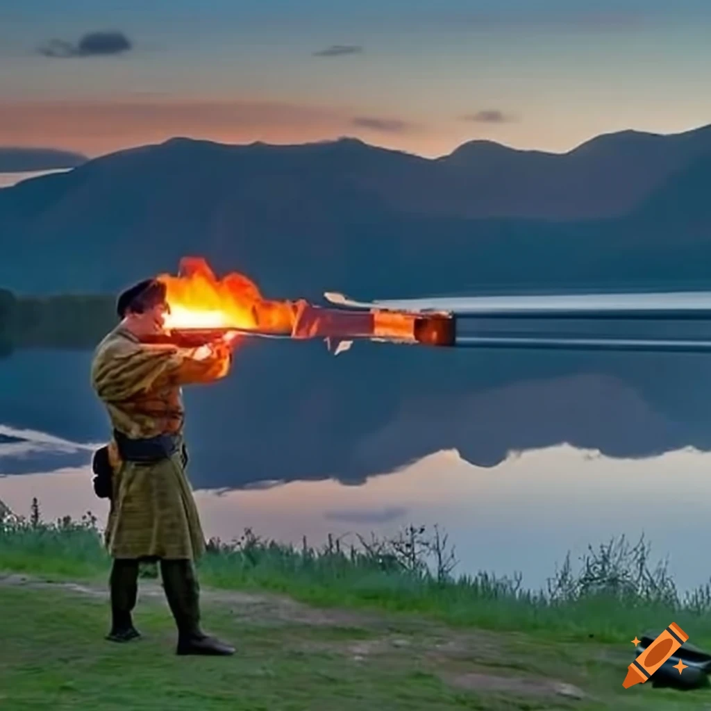 Two men firing spud gun into the loch with flames at dusk