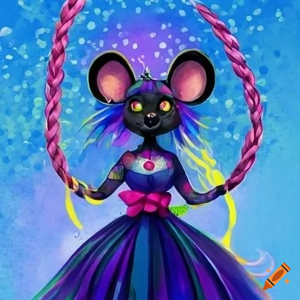 Cute black-furred anthro mouse with rainbow hair in a flower dress