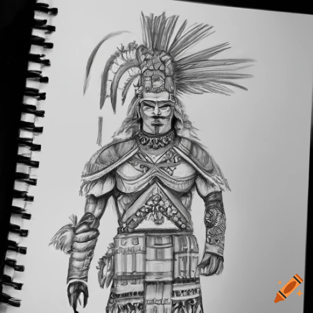 Aztec warrior with intricate armor and vibrant accessories in pencil art