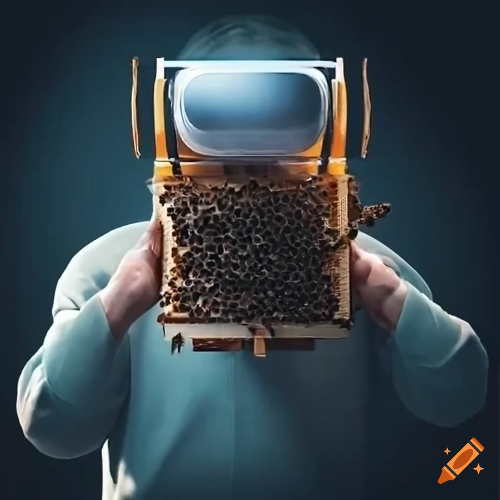 Beekeeper with VR glasses inspecting beehive with smoker for more details