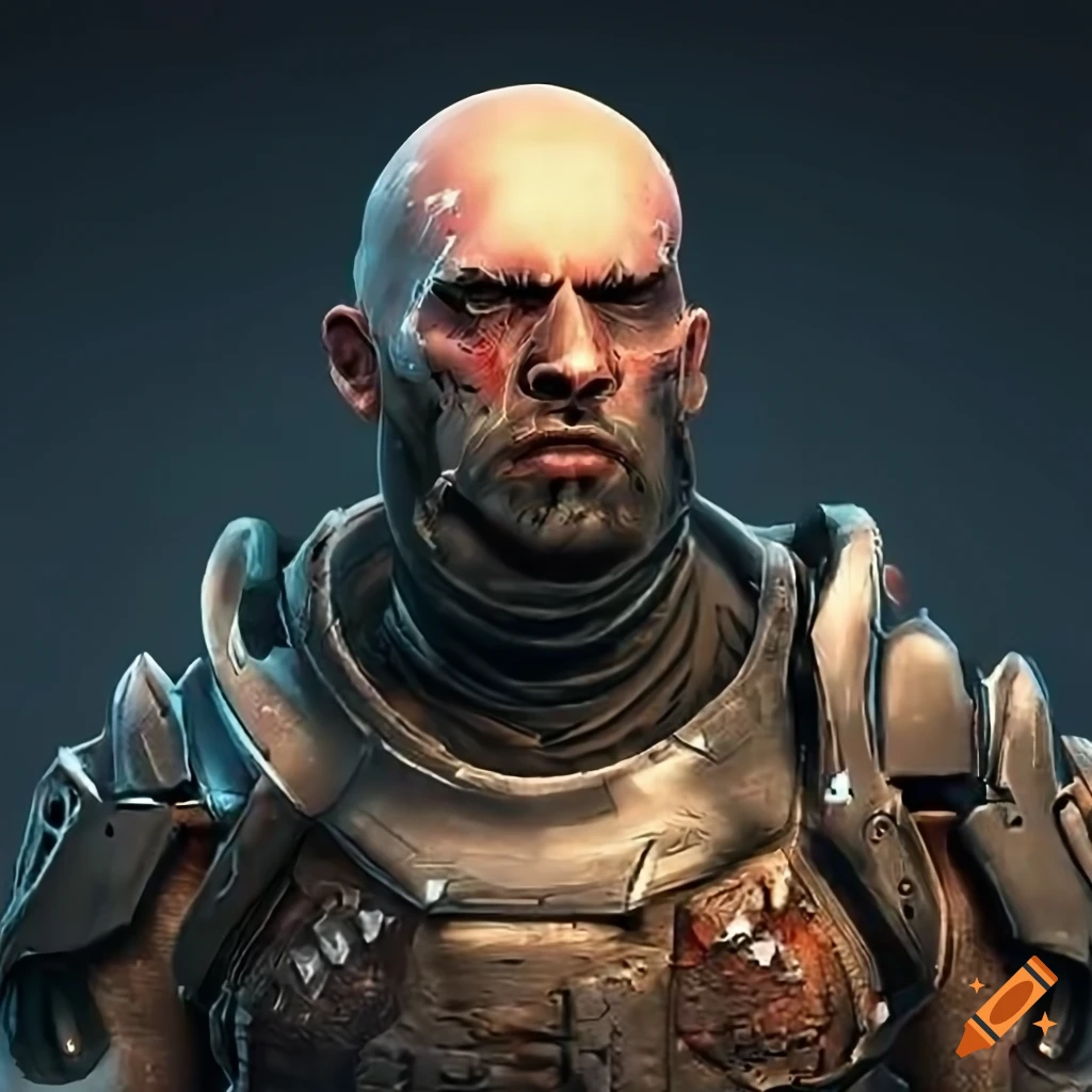 Older male soldier with cybernetic enhancements and battle scars