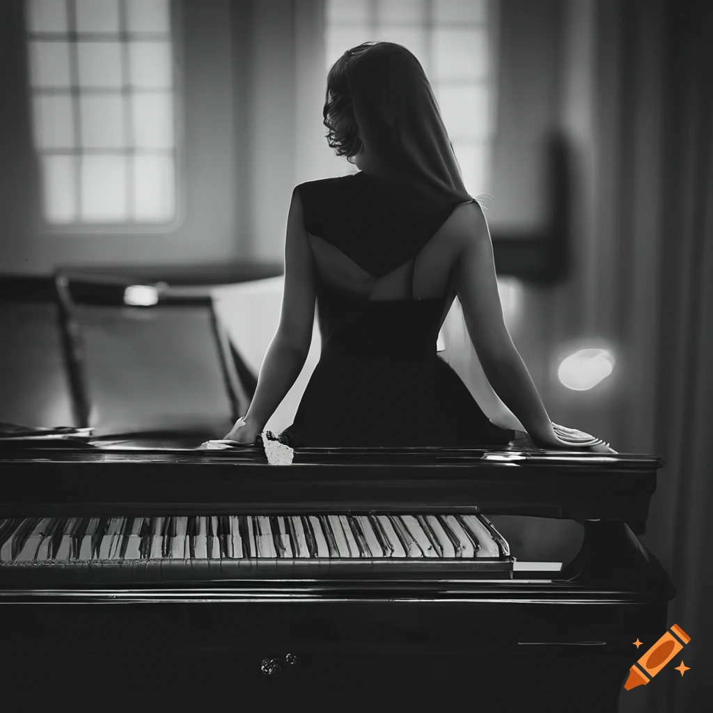 Elegant young woman in black dress sitting at an antique piano from the back