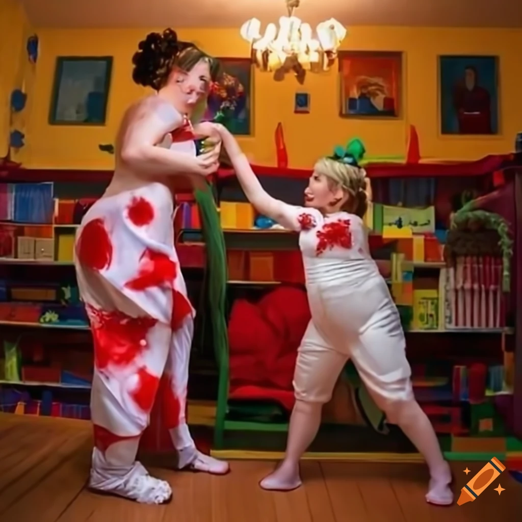 Two women in costumes having a playful duel in a room