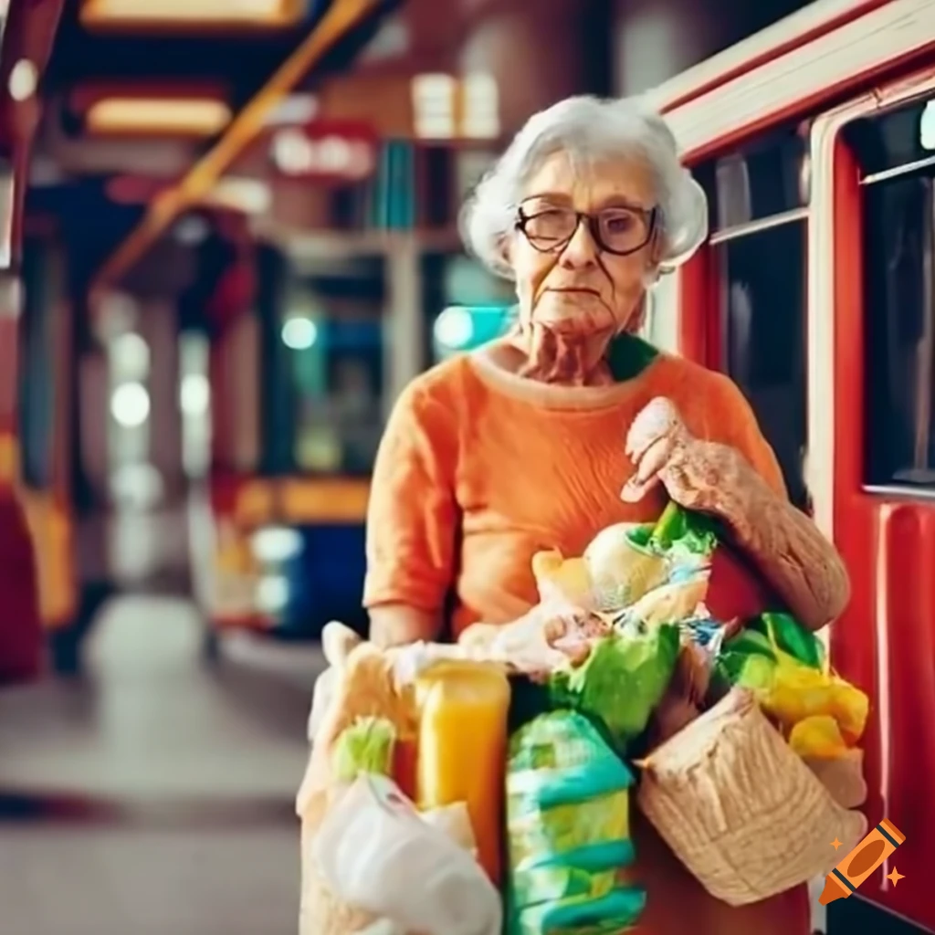 Elderly woman with scattered groceries at a bus station