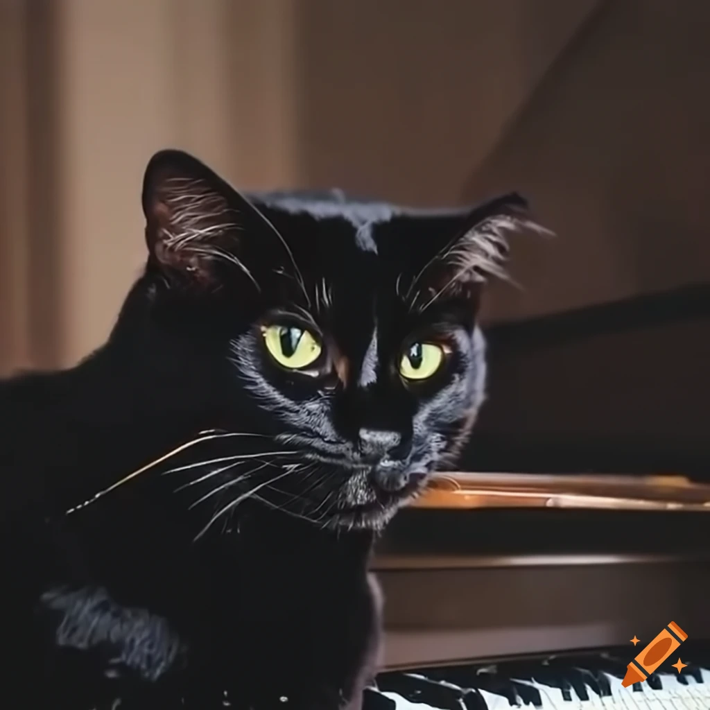 Black cat sitting wet in front of a Steinway piano playing music