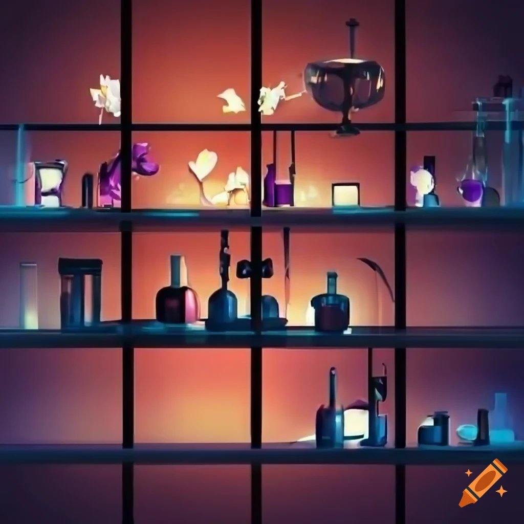 Shelves with fading flowers in a laboratory setting