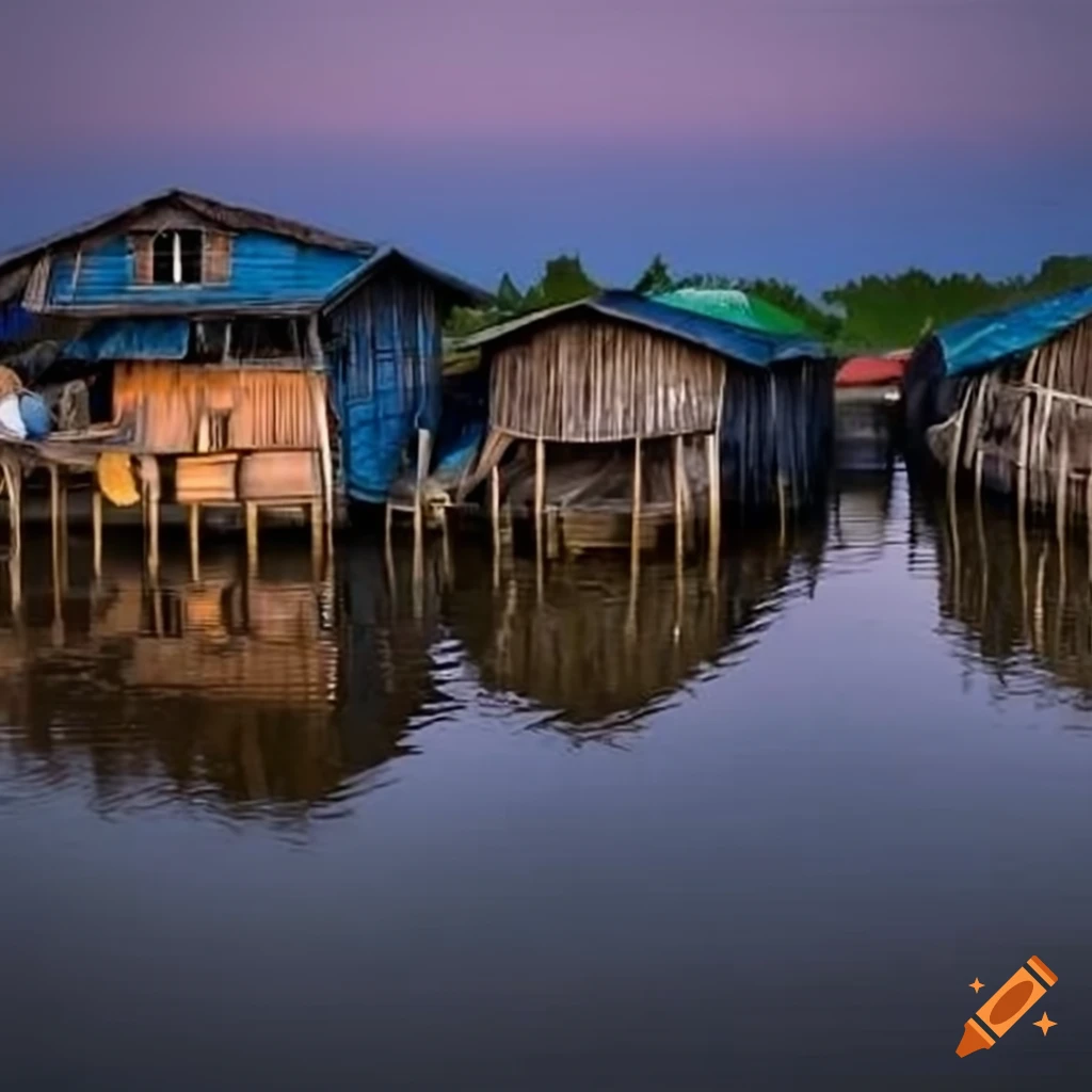 House on Tonle Sap Lake in a cartoon style